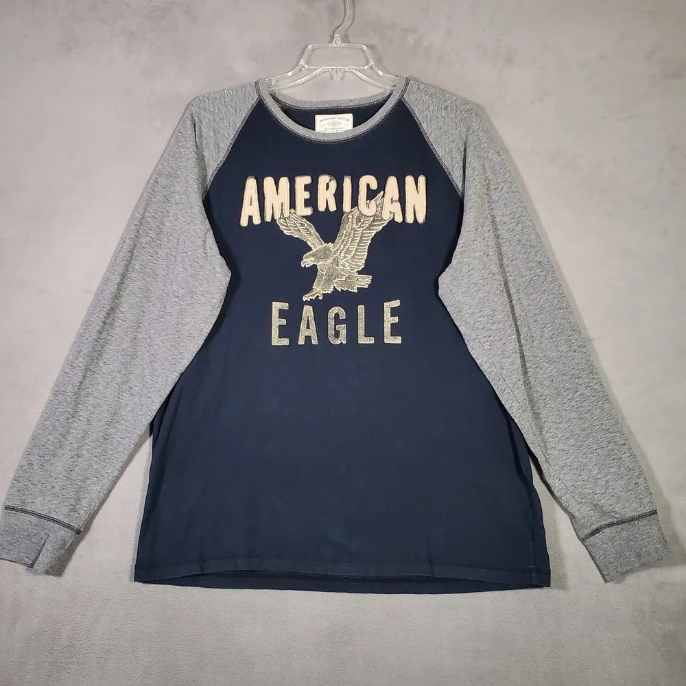 American Eagle Y2K Shirt Mens XL Blue Gray Embroidered Logo Vtg Raglan Grunge - Picture 1 of 8